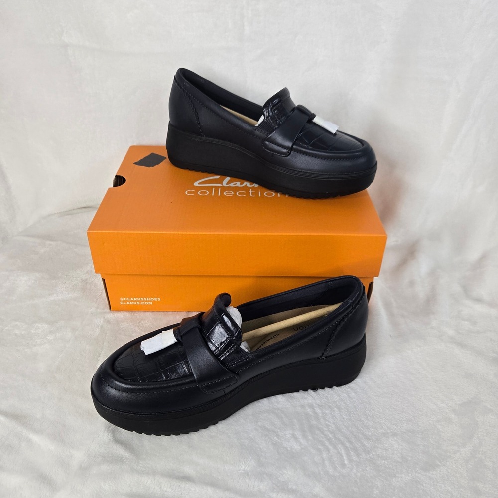 Clarks Zylah Bella Navy Croco Leather Platform Loafers Tassel Shoes US 6 M